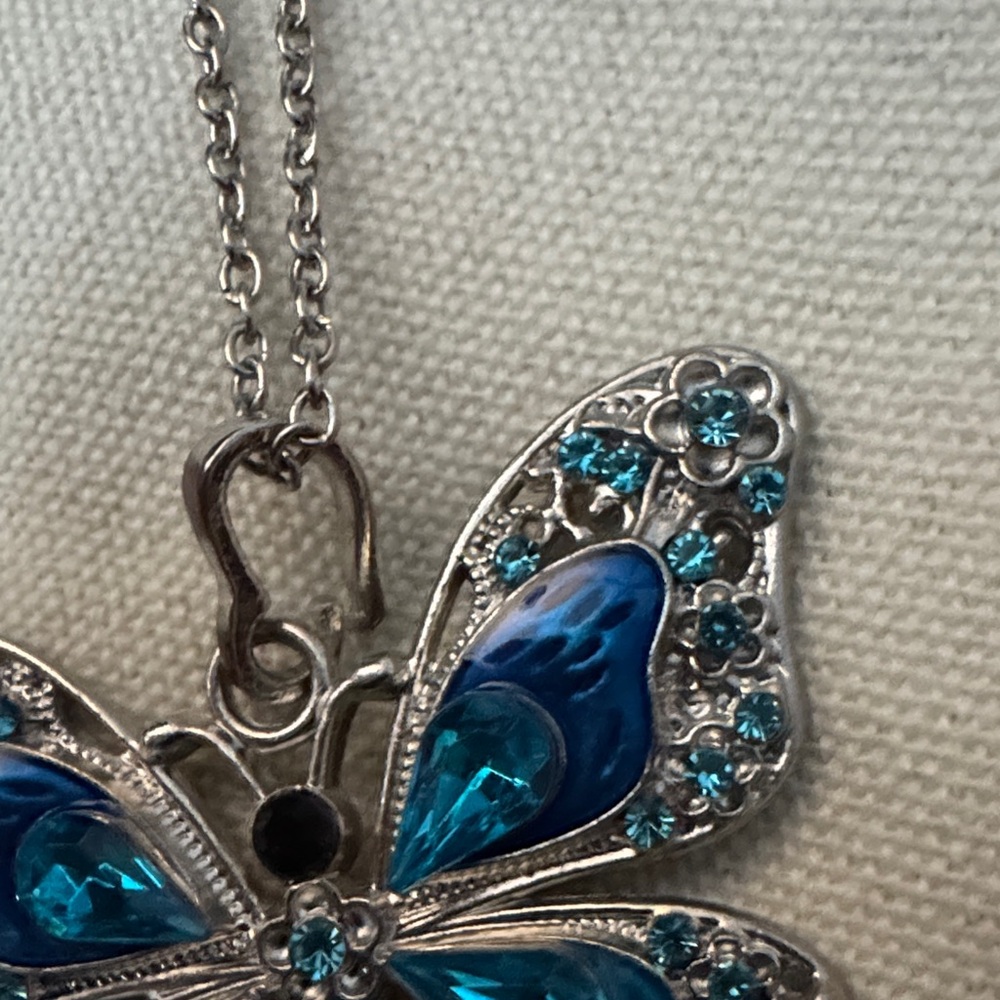 Silver Butterfly Pendant Necklace with Blue Crystals - Picture 3 of 4